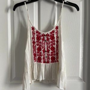 Forever 21 White Floral Embroidered Spaghetti Strap Tank Top with flounce